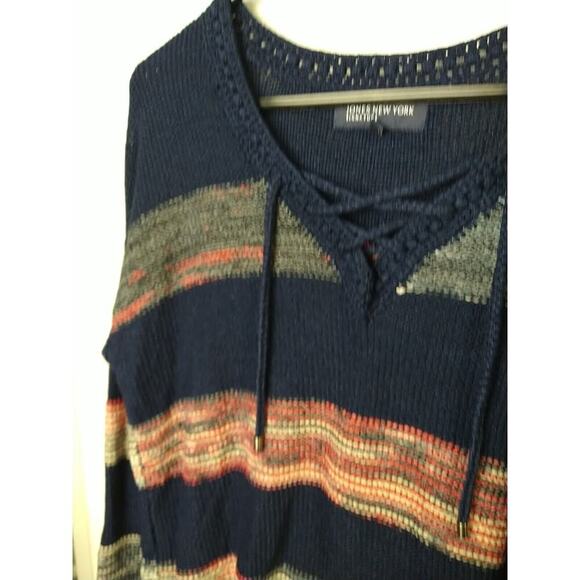 Jones New York Woman L Sweater V Neck Blue Red Striped V Neck Long Sleeve... - Picture 4 of 9